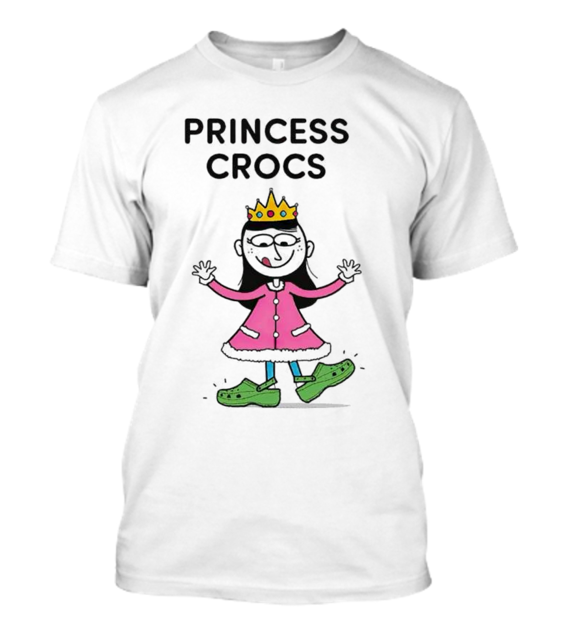Princess Crocs Crowned Girl In Pink Dress With Green Shoes T-Shirt