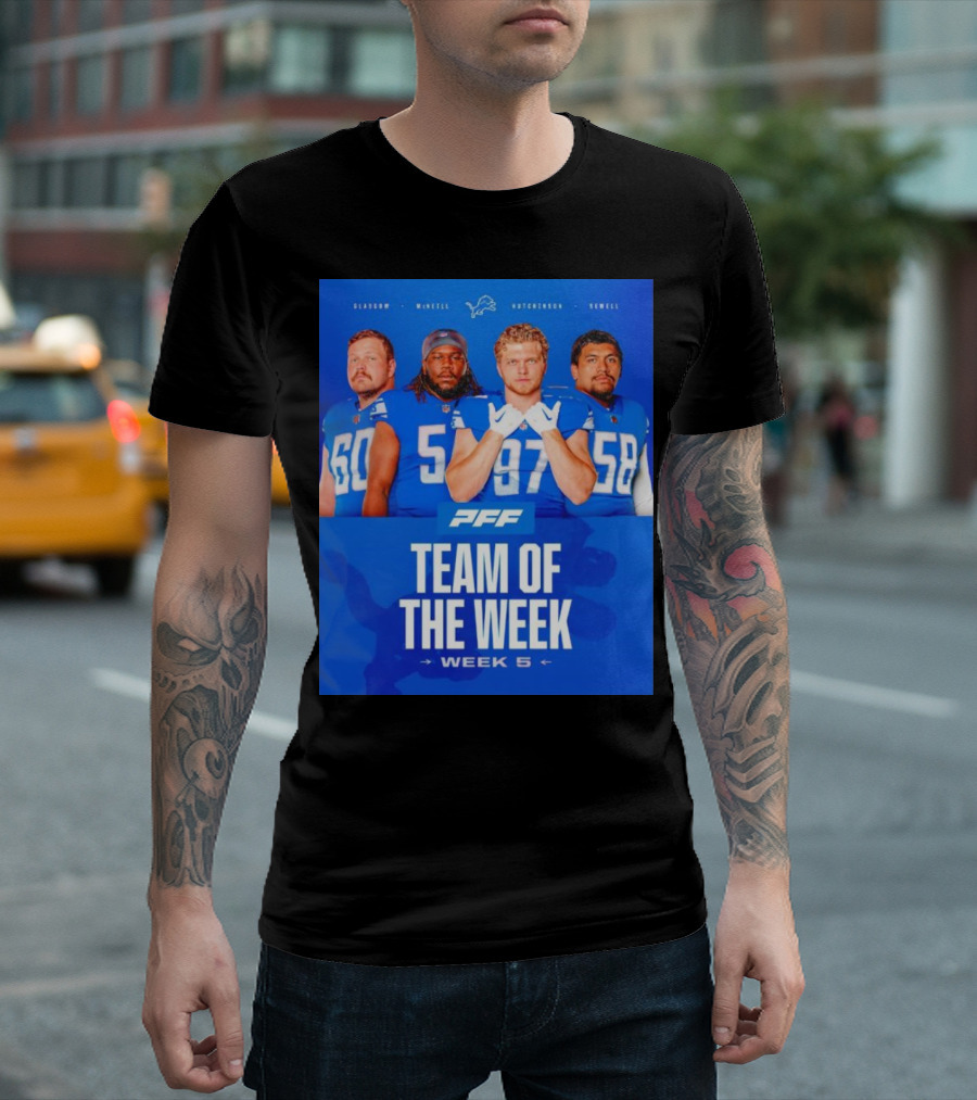 PFF Detroit Lions Glasgow McNeill Hutchinson Sewell Team Of The Week Week 5 T-Shirt