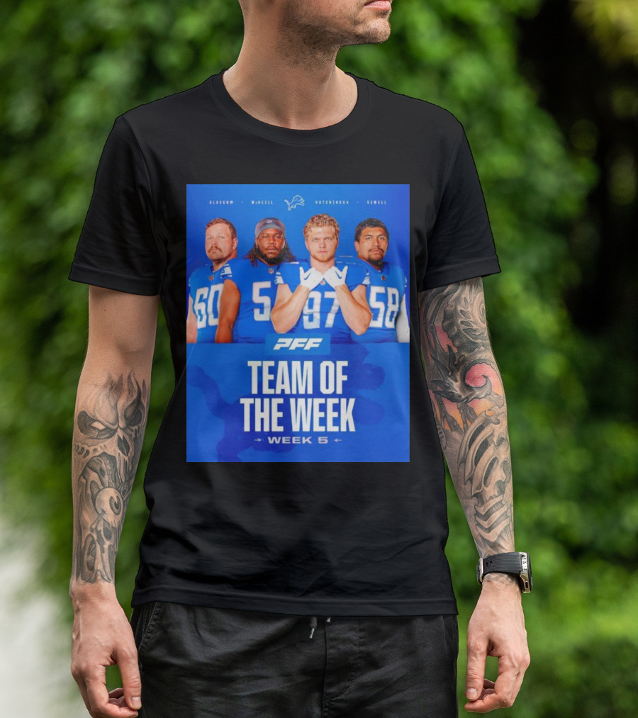 PFF Detroit Lions Glasgow McNeill Hutchinson Sewell Team Of The Week Week 5 T-Shirt