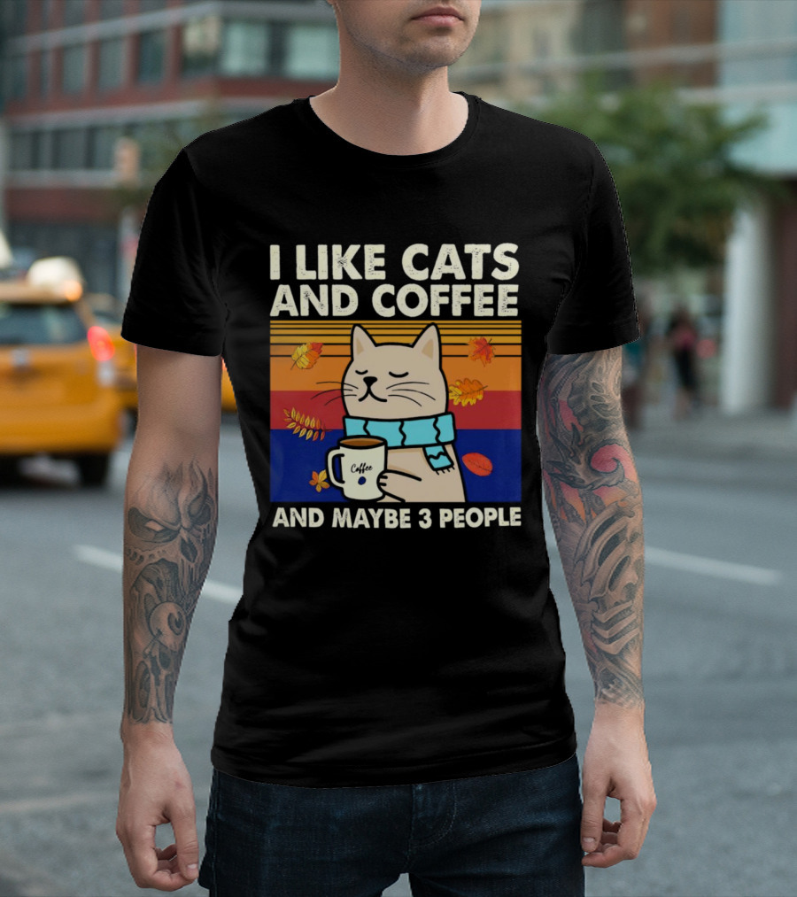 Trending I Like Cats and Coffee and Maybe 3 People Vintage Retro Autumn Cat with Coffee Mug T-Shirt