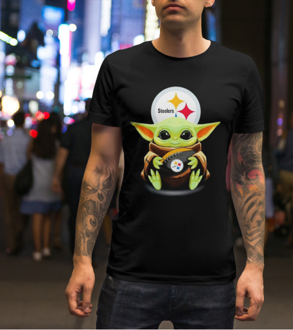 Baby Yoda Holding Pittsburgh Steelers Football T-Shirt