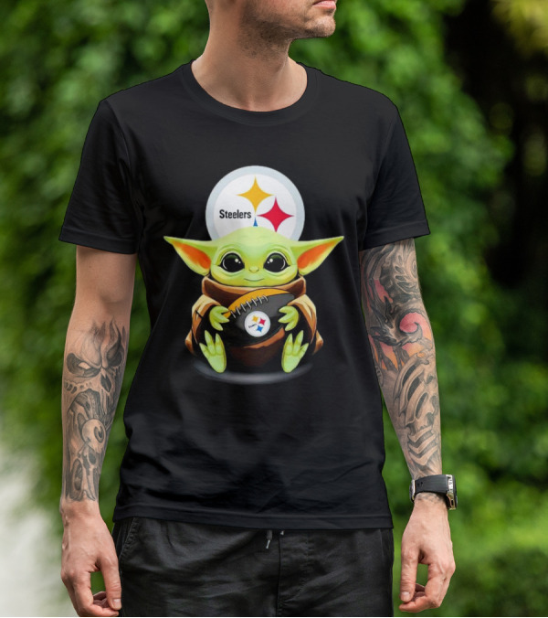 Baby Yoda Holding Pittsburgh Steelers Football T-Shirt