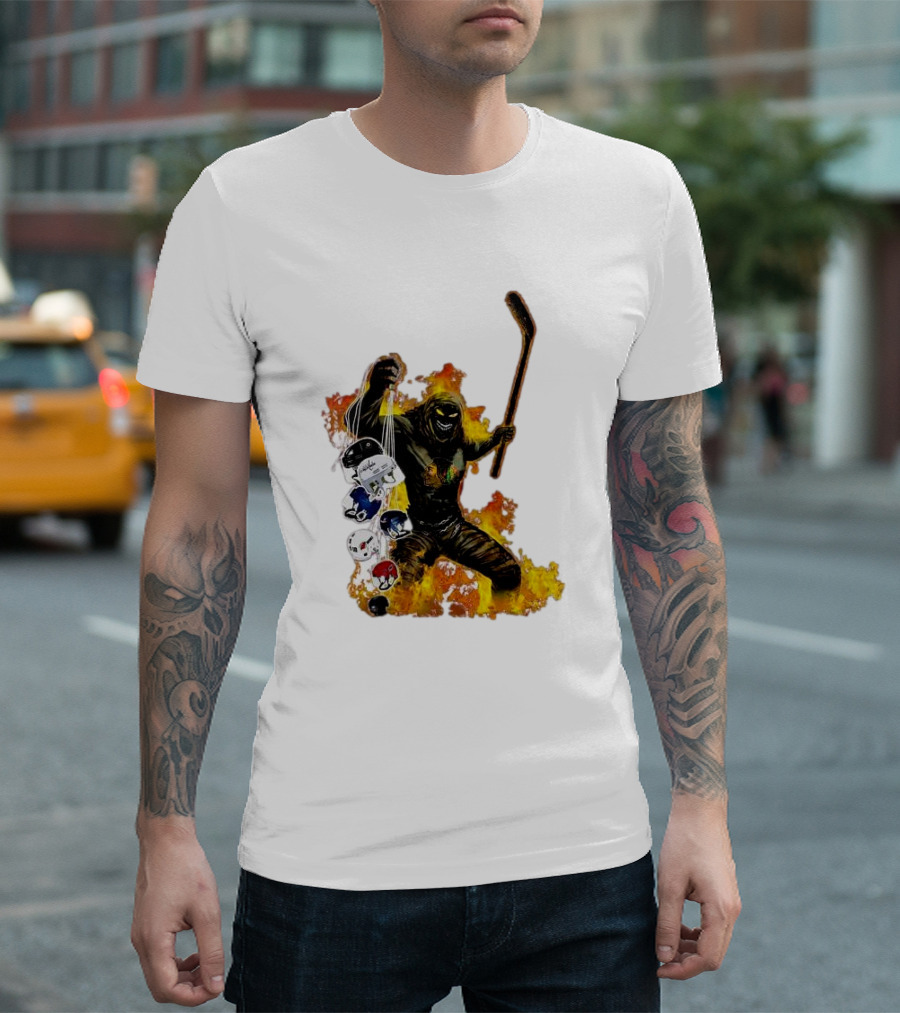 Evil Fire Hockey Player Holding Chicago Blackhawks And NHL Helmets T-Shirt
