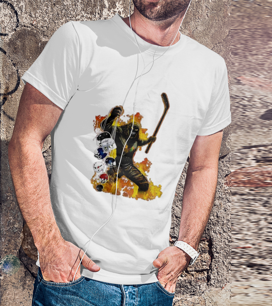 Evil Fire Hockey Player Holding Chicago Blackhawks And NHL Helmets T-Shirt