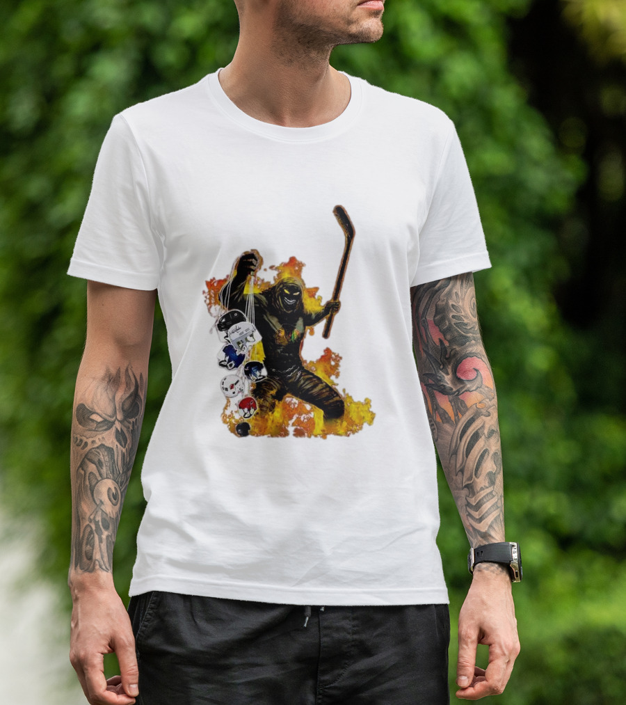Evil Fire Hockey Player Holding Chicago Blackhawks And NHL Helmets T-Shirt