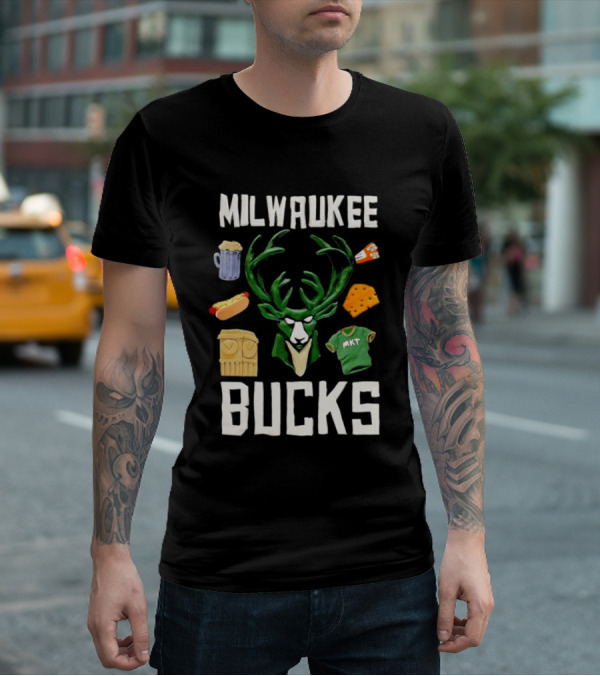 Milwaukee Bucks NBA Market Claymation Deer Cheese Hot Dog Beer T-Shirt