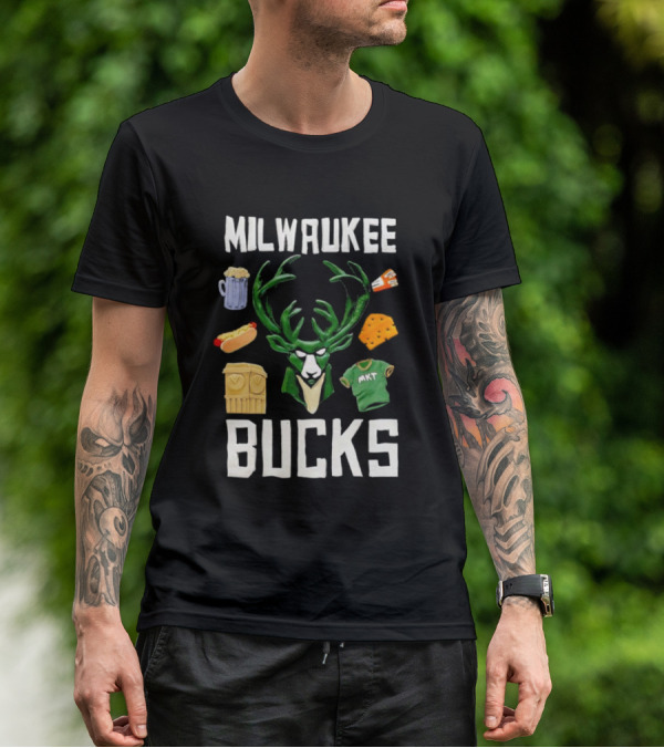 Milwaukee Bucks NBA Market Claymation Deer Cheese Hot Dog Beer T-Shirt