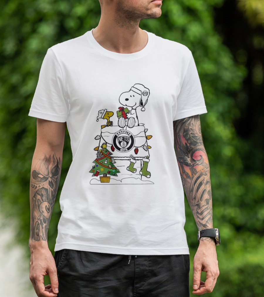 Snoopy Woodstock Christmas Igloo Brooklyn Nets Holiday Scene T-Shirt