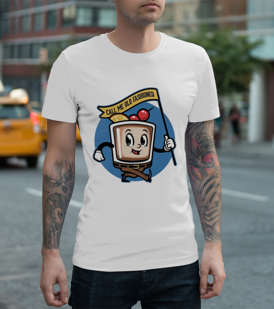 Whiskey Call Me Old Fashioned Cartoon Drink Character with Flag and Cherries T-Shirt