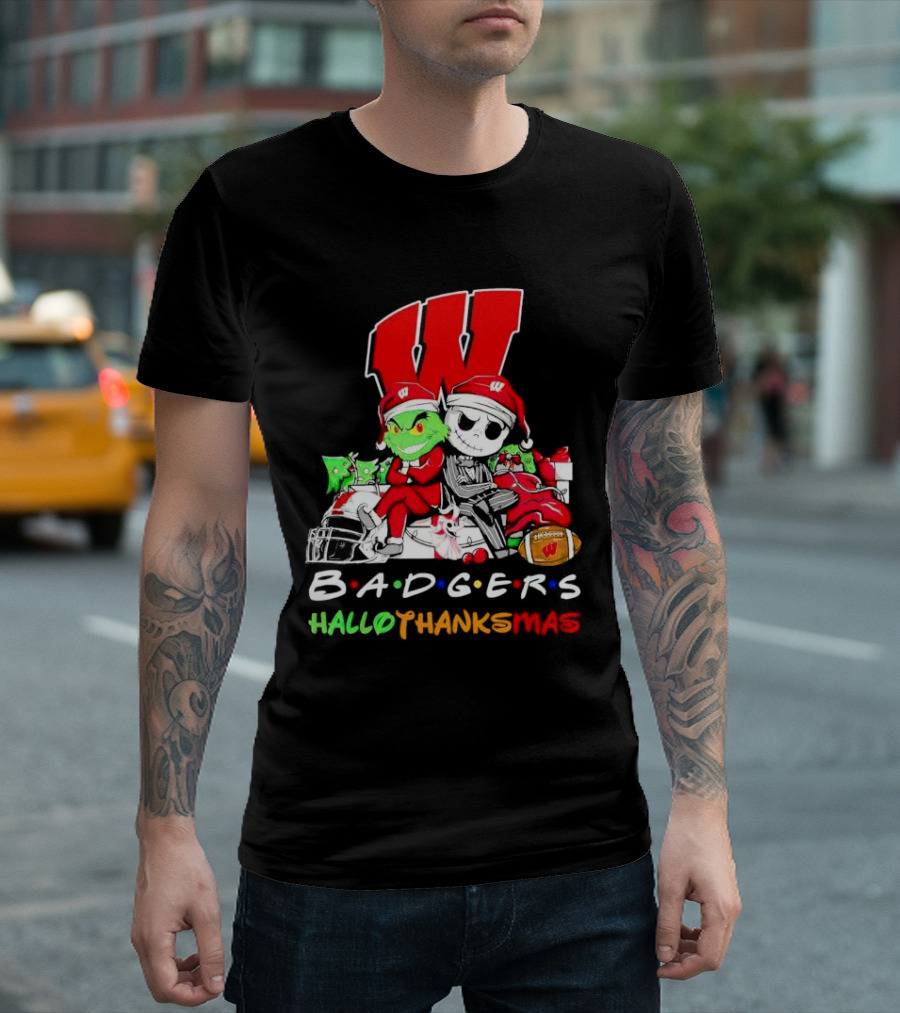 Badgers HalloThanksMas Grinch Jack Skellington Friends Football W T-Shirt