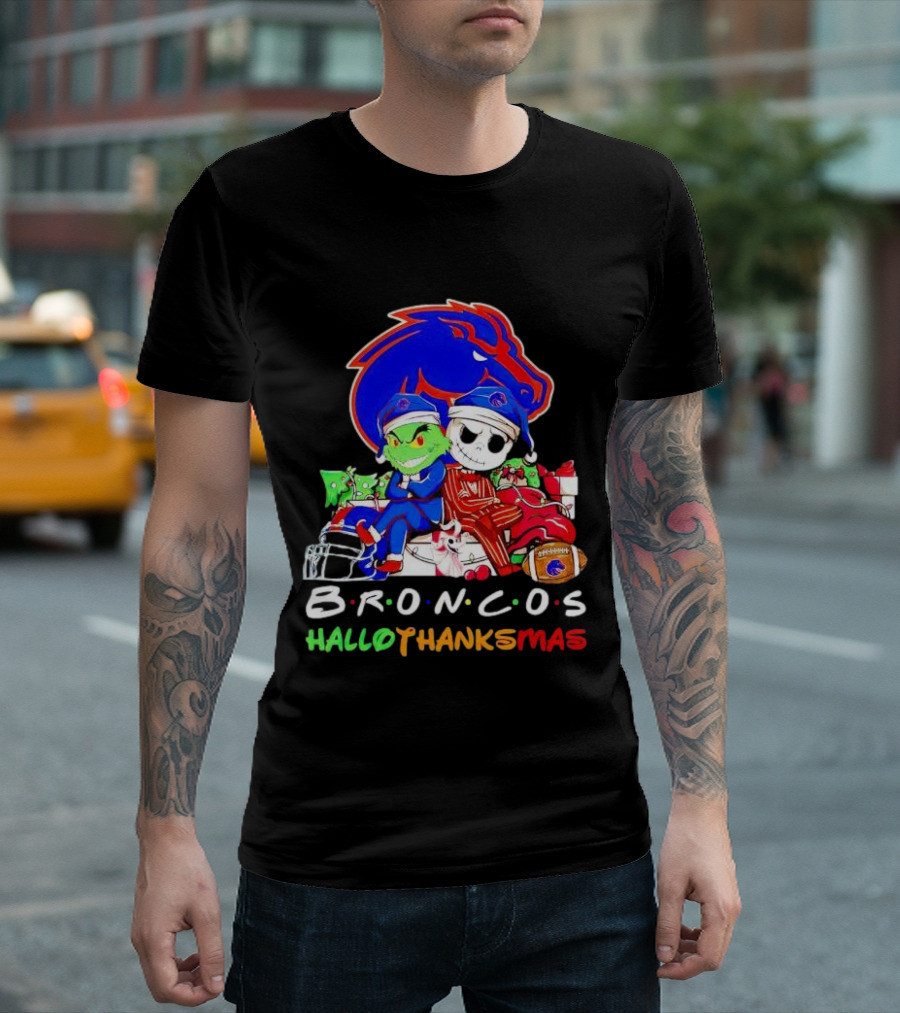 Broncos HalloThanksMas Grinch and Jack Skellington Friends T-Shirt