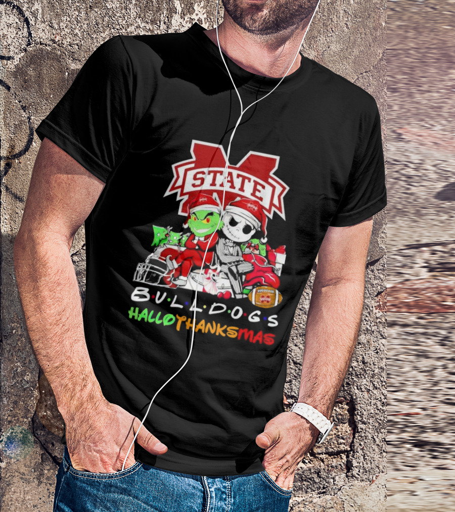 State Bulldogs Grinch And Jack Skellington HalloThanksMas T-Shirt