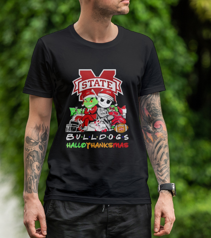 State Bulldogs Grinch And Jack Skellington HalloThanksMas T-Shirt