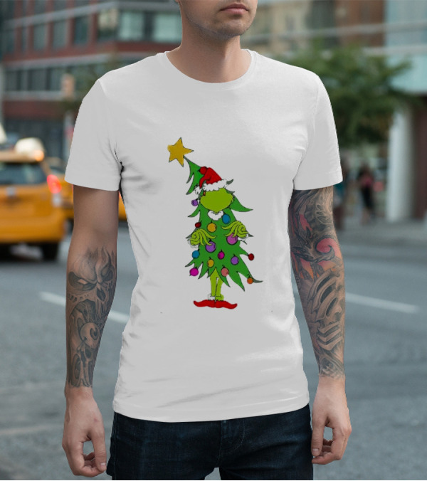 Grinch Christmas Tree Costume With Star And Ornaments T-Shirt