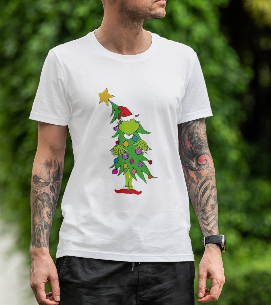 Grinch Christmas Tree Costume With Star And Ornaments T-Shirt