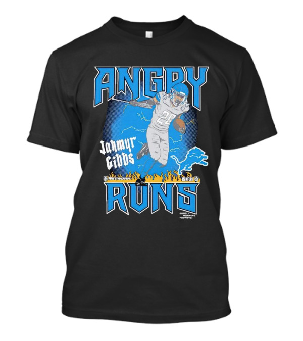 Jahmyr Gibbs Angry Runs Detroit Football Flames And Lion T-Shirt