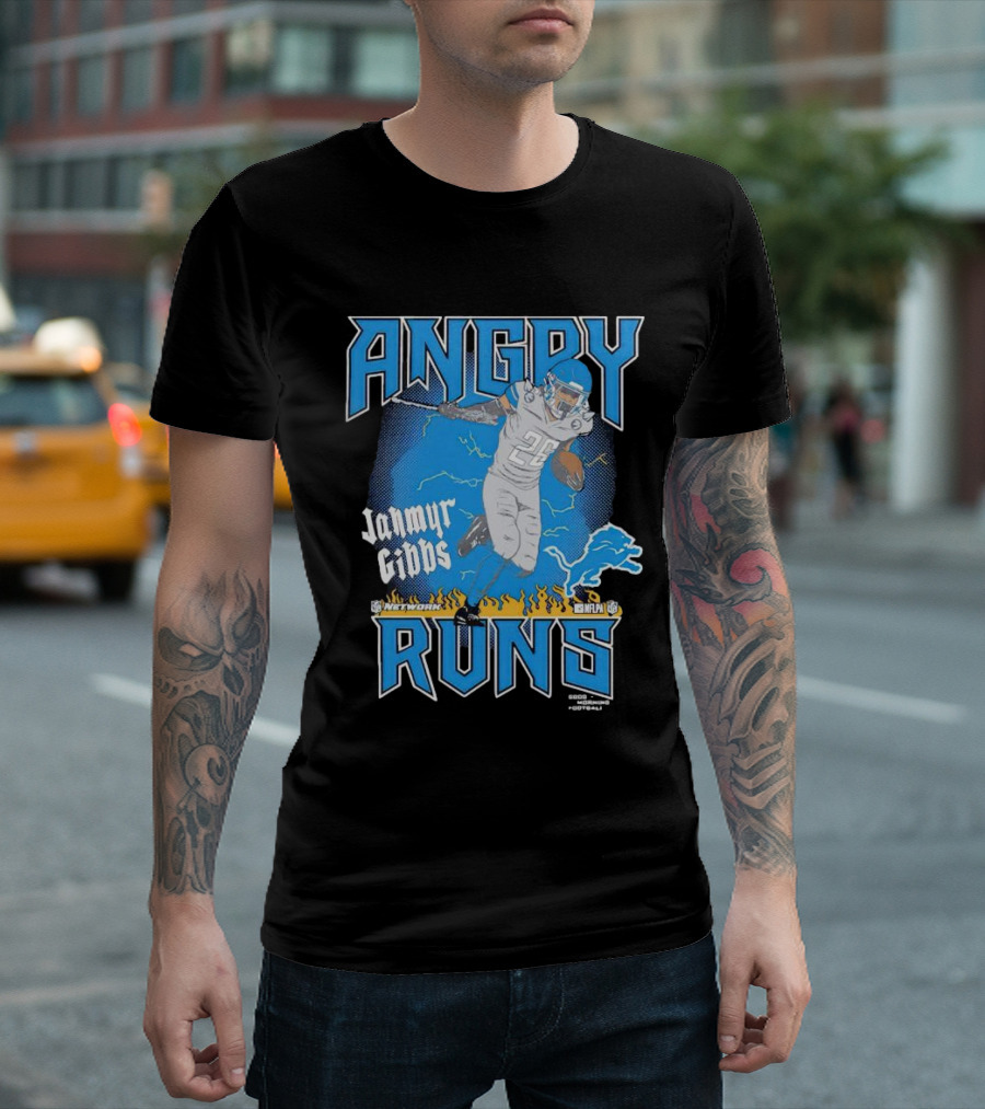 Jahmyr Gibbs Angry Runs Detroit Football Flames And Lion T-Shirt