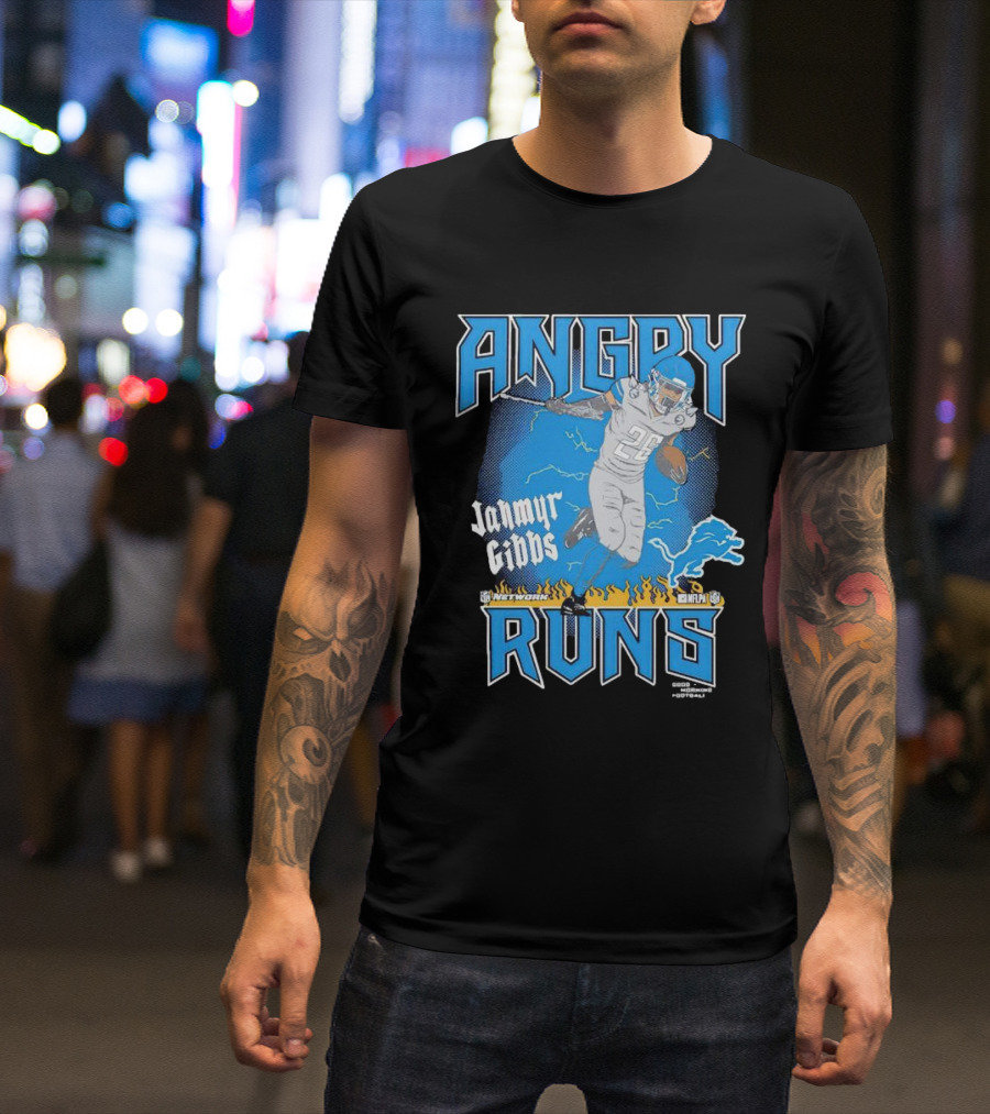 Jahmyr Gibbs Angry Runs Detroit Football Flames And Lion T-Shirt