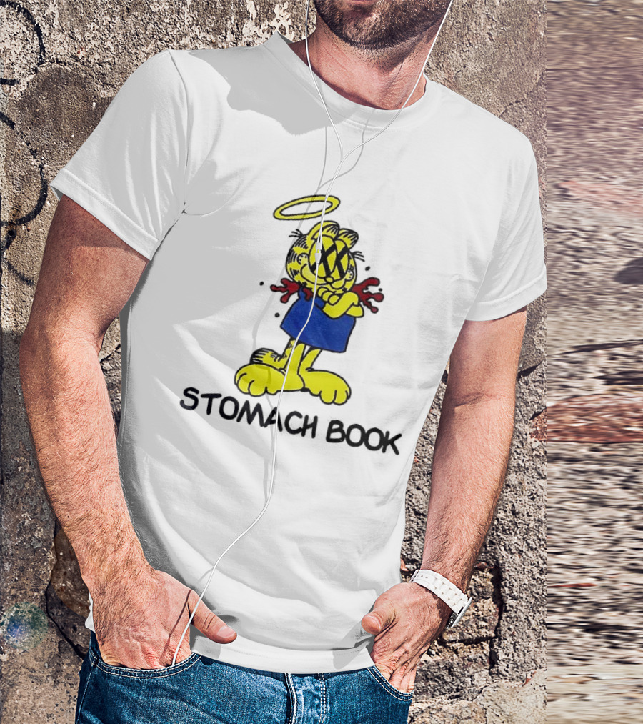 Garfield Stomach Book Angel Halo Yellow X Eyes Blue Red Blood T-Shirt
