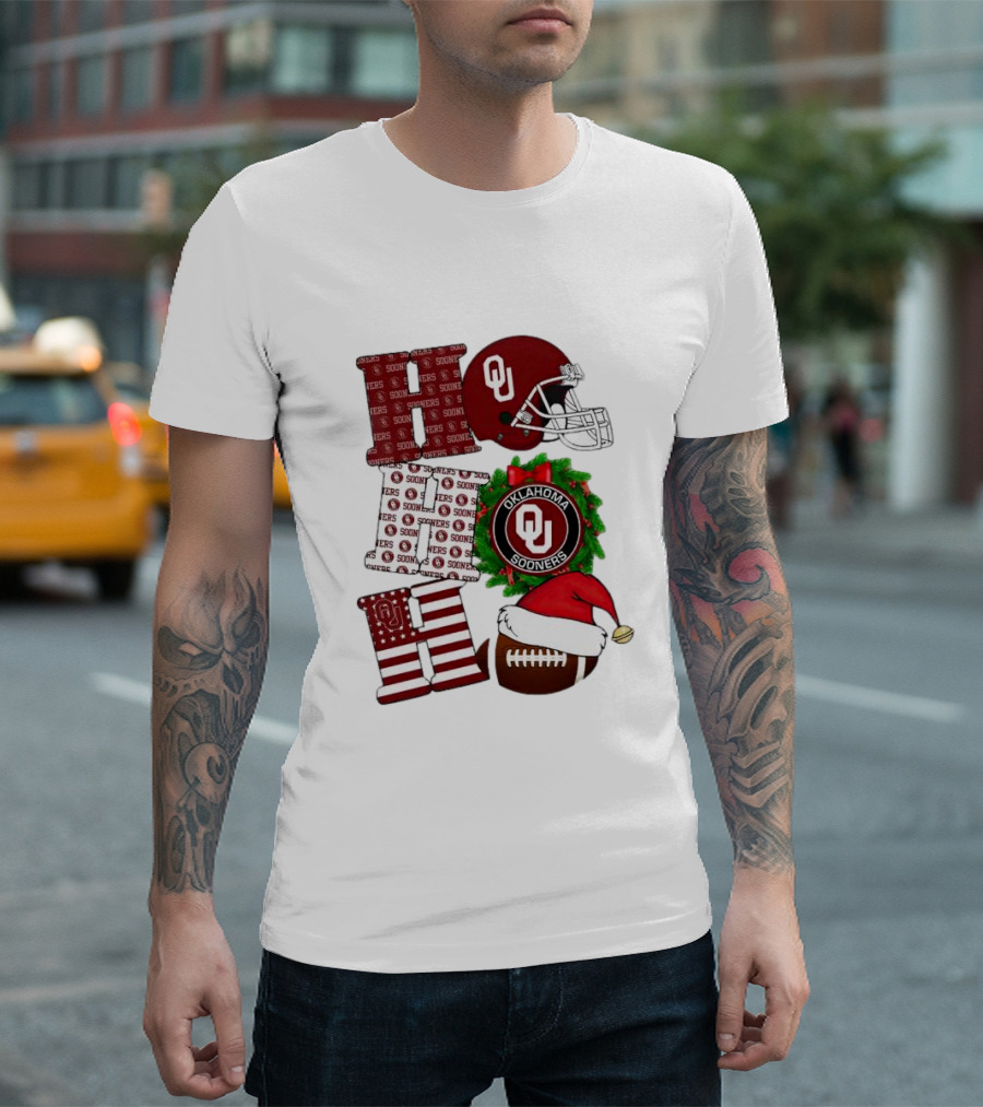 Oklahoma Sooners OU Helmet Wreath Football Santa Ho Ho Ho Christmas T-Shirt