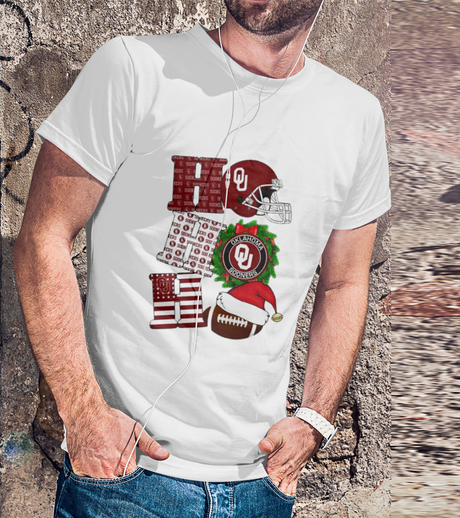 Oklahoma Sooners OU Helmet Wreath Football Santa Ho Ho Ho Christmas T-Shirt