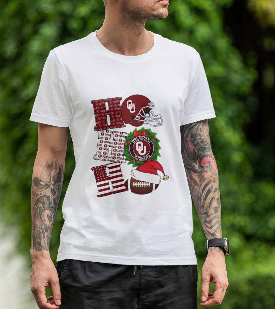 Oklahoma Sooners OU Helmet Wreath Football Santa Ho Ho Ho Christmas T-Shirt
