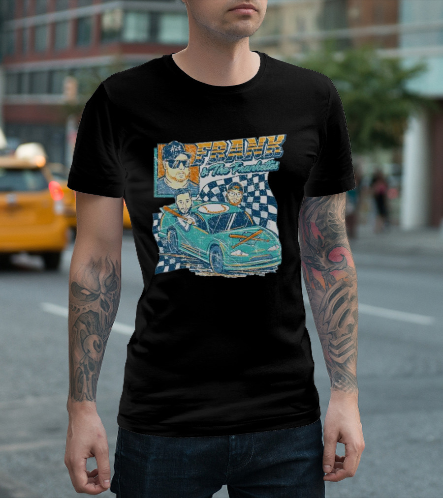 Frank And The Frankettes Racing Car Adventure With Checkered Flags And Cartoon Characters T-Shirt