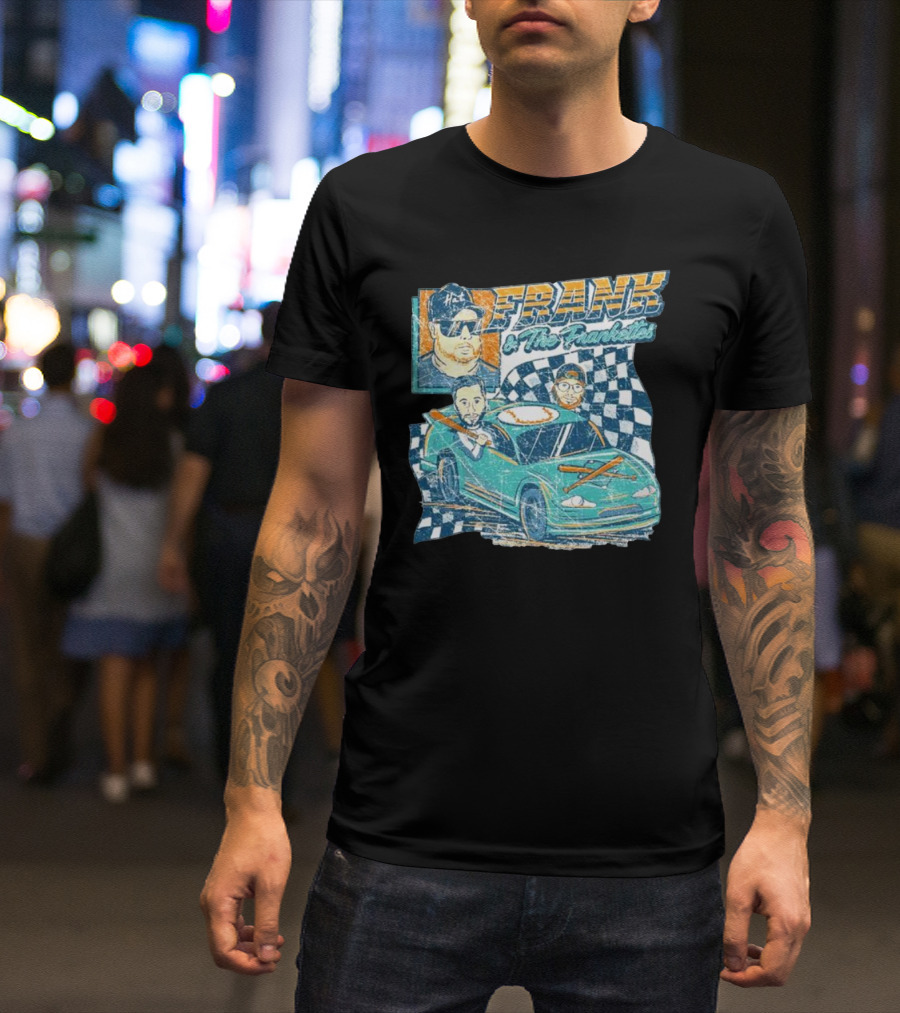 Frank And The Frankettes Racing Car Adventure With Checkered Flags And Cartoon Characters T-Shirt