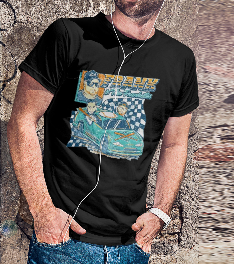 Frank And The Frankettes Racing Car Adventure With Checkered Flags And Cartoon Characters T-Shirt