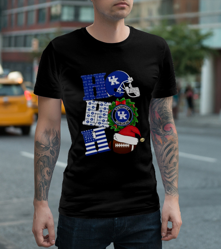 Kentucky Wildcats Ho Ho Ho Football Helmet Wreath Christmas T-Shirt