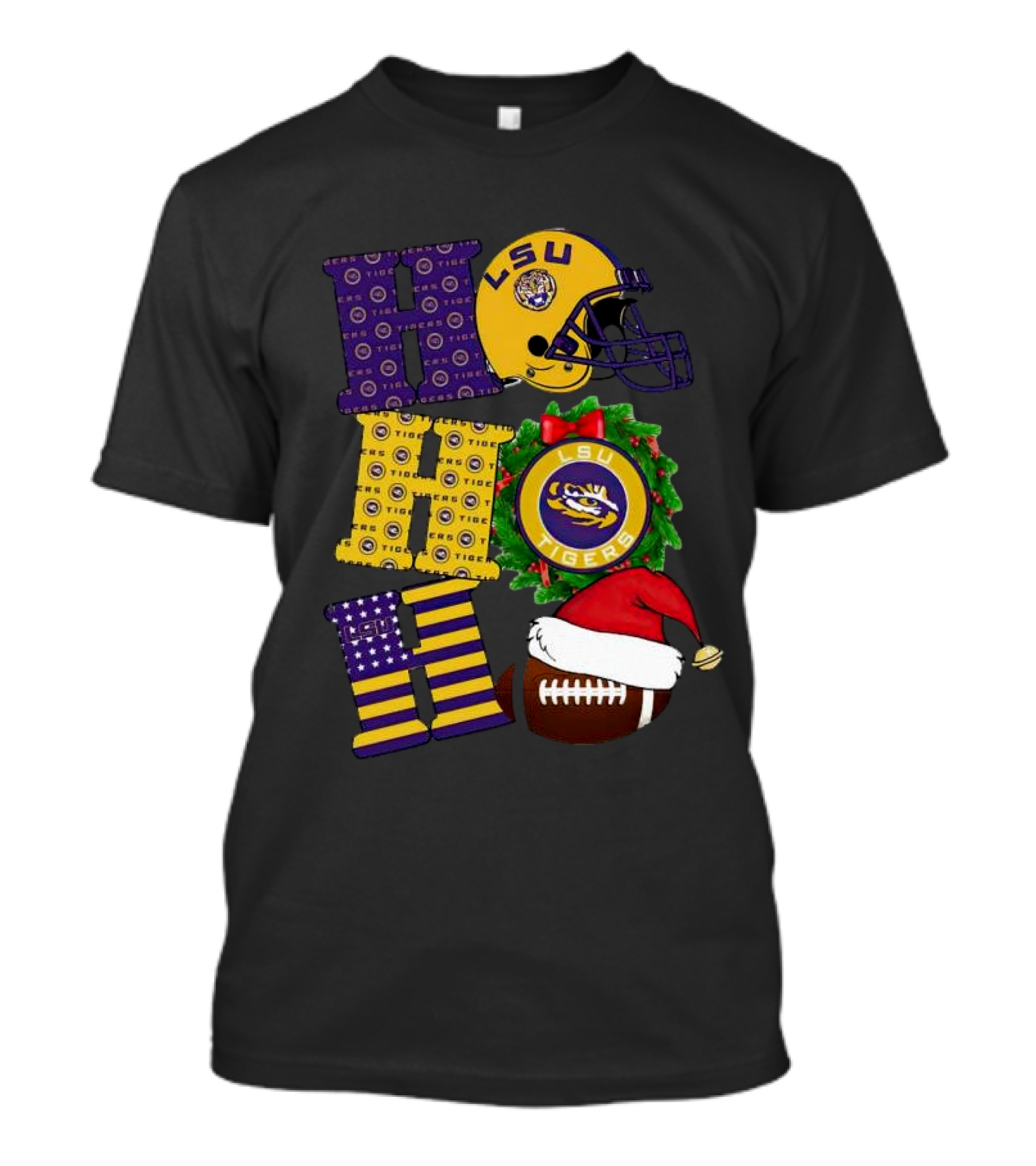 LSU Tigers Christmas Helmet Wreath Football Ho Ho Ho T-Shirt