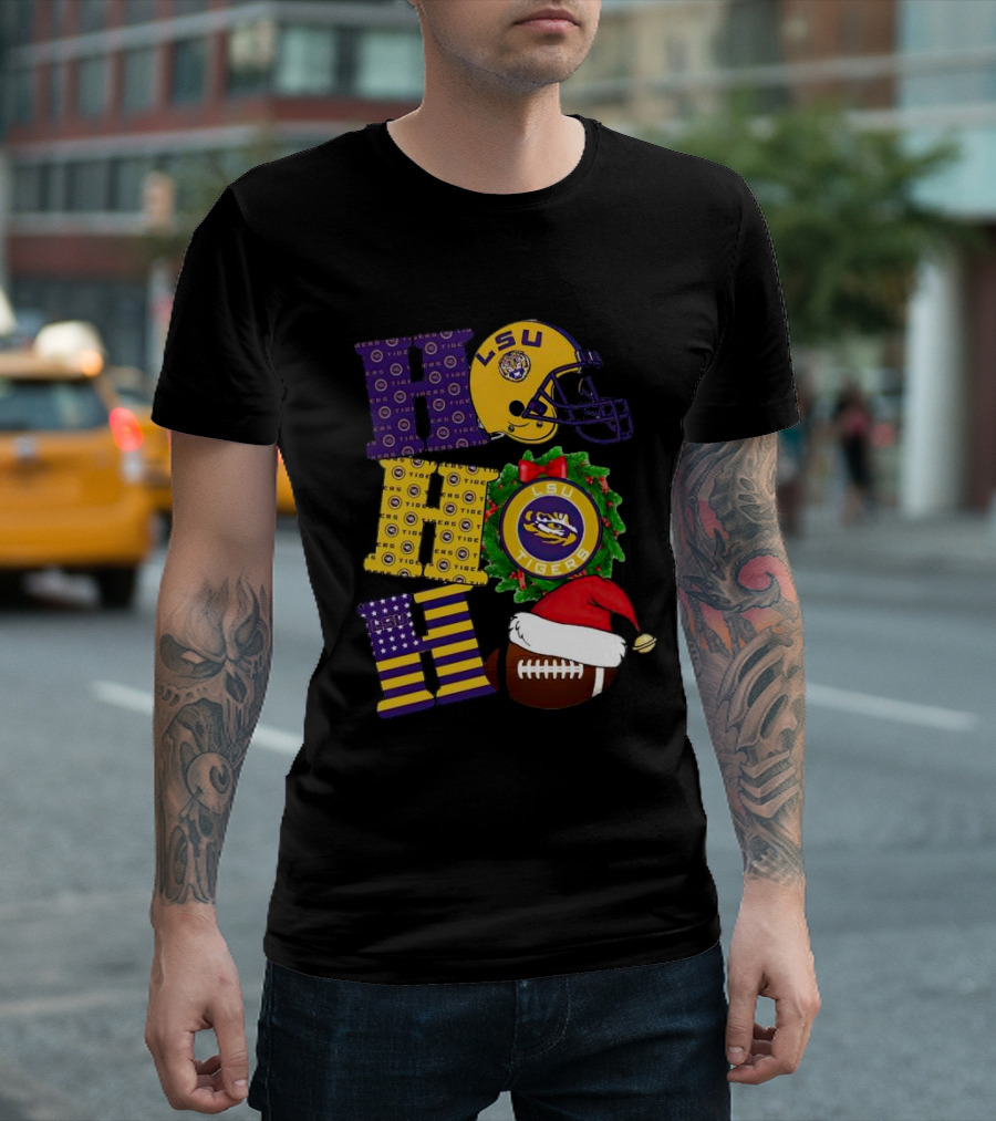 LSU Tigers Christmas Helmet Wreath Football Ho Ho Ho T-Shirt