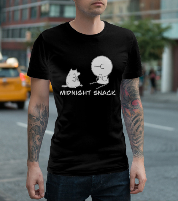 MIDNIGHT SNACK Cat And Stick Figure Eating Pizza T-Shirt