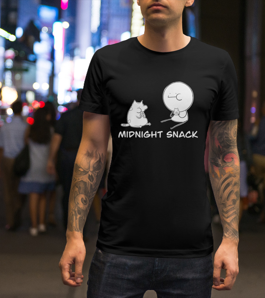 MIDNIGHT SNACK Cat And Stick Figure Eating Pizza T-Shirt