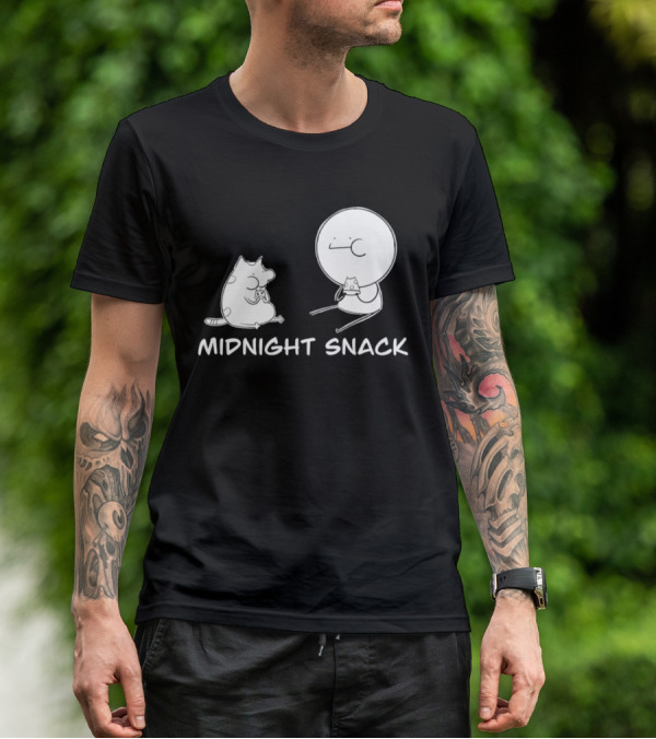 MIDNIGHT SNACK Cat And Stick Figure Eating Pizza T-Shirt