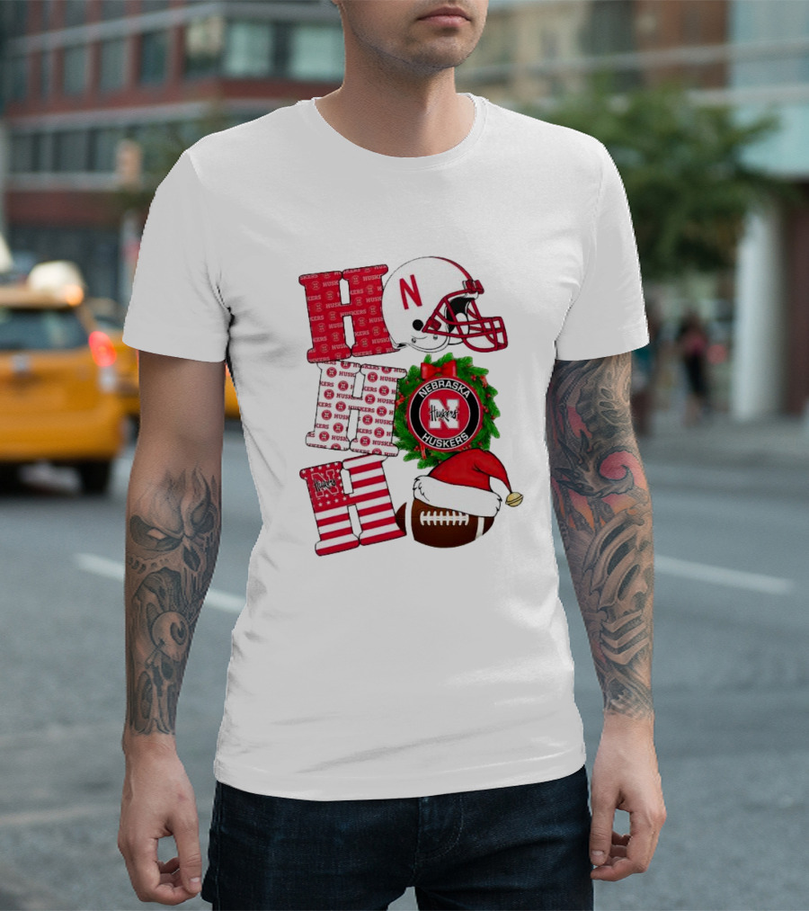 Nebraska Cornhuskers Ho Ho Ho Christmas Football Helmet Wreath Santa Hat Football T-Shirt