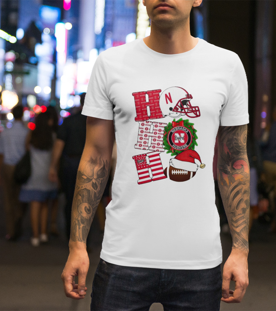 Nebraska Cornhuskers Ho Ho Ho Christmas Football Helmet Wreath Santa Hat Football T-Shirt