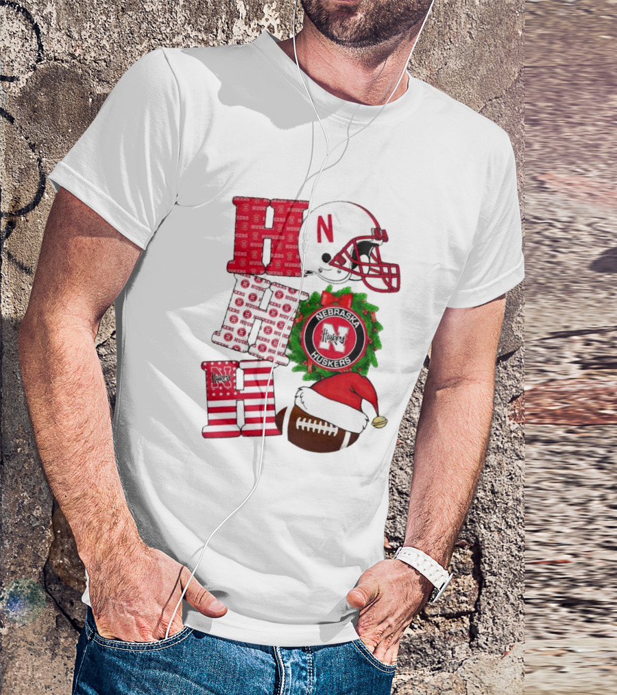 Nebraska Cornhuskers Ho Ho Ho Christmas Football Helmet Wreath Santa Hat Football T-Shirt