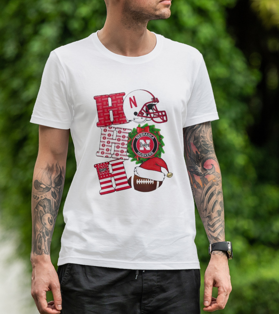 Nebraska Cornhuskers Ho Ho Ho Christmas Football Helmet Wreath Santa Hat Football T-Shirt