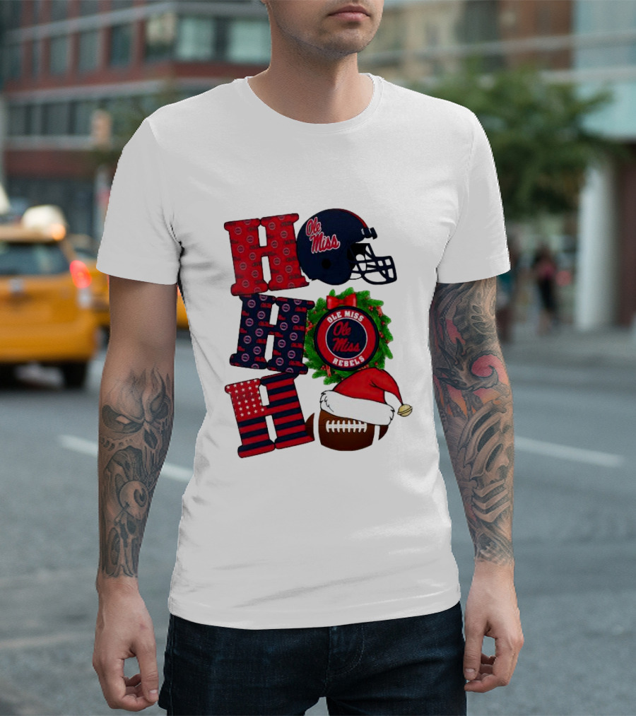 Ole Miss Rebels Christmas Football Helmet Wreath Ho Ho Ho T-Shirt