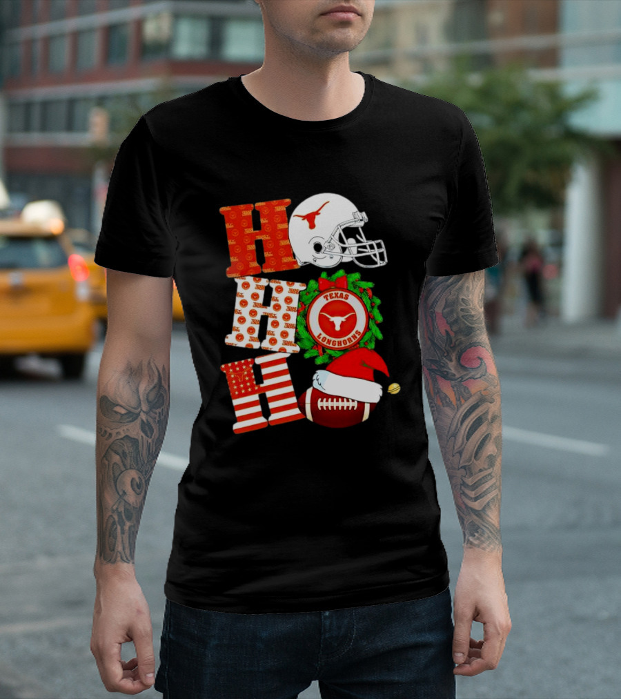 Texas Longhorns Ho Ho Ho Christmas Football Helmet Wreath Santa Hat T-Shirt