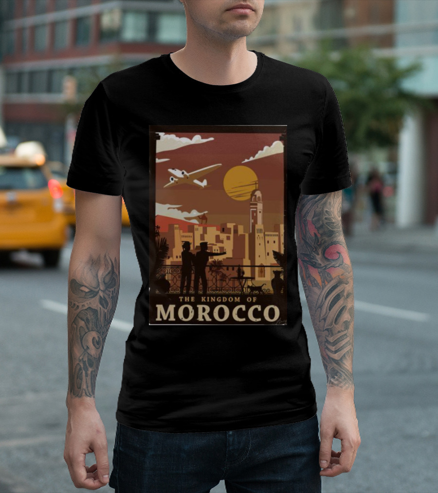 The Kingdom of Morocco Skyline View with Airplane and Sunset Scene T-Shirt