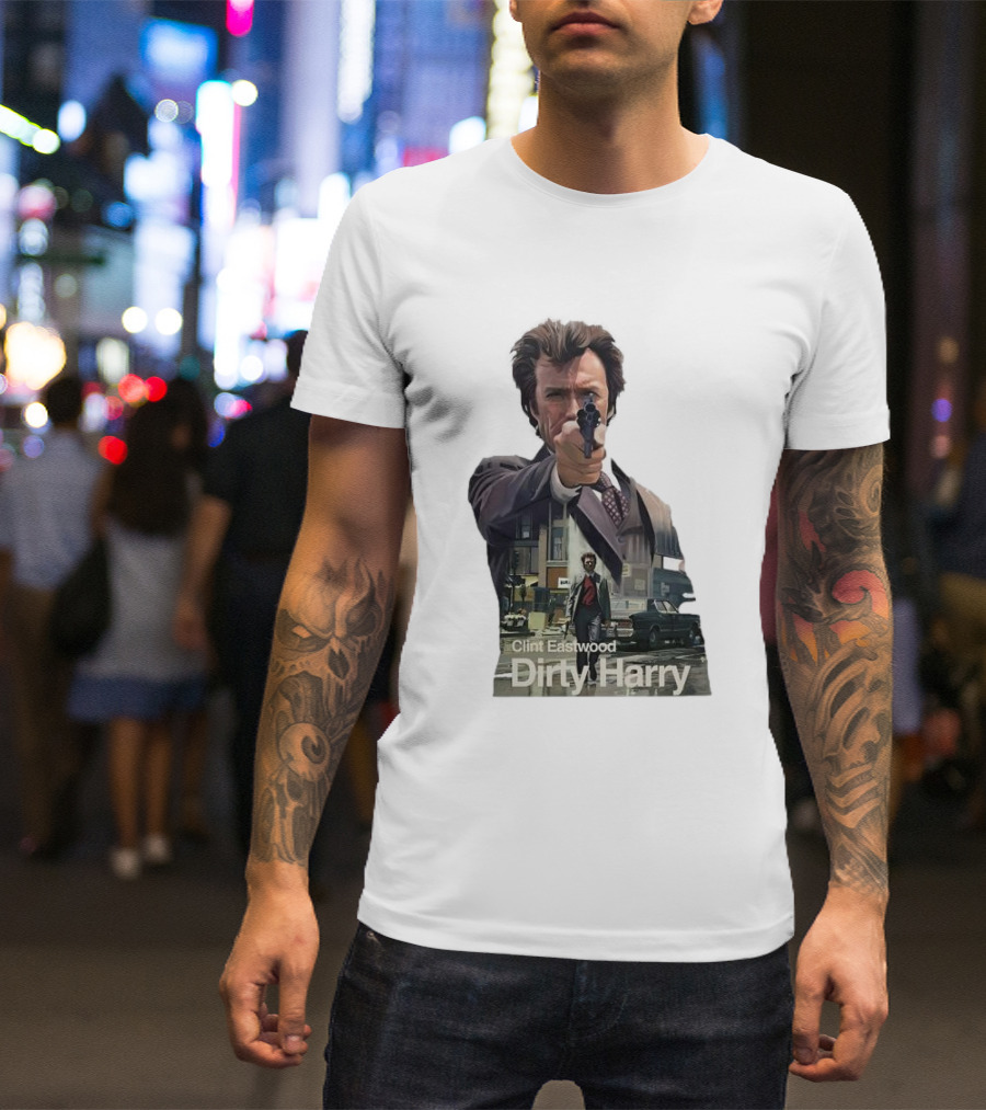 Clint Eastwood Dirty Harry Iconic Movie Scene With Gun And Urban Background T-Shirt