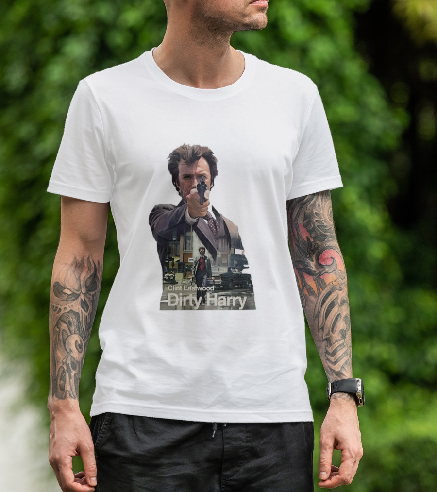 Clint Eastwood Dirty Harry Iconic Movie Scene With Gun And Urban Background T-Shirt