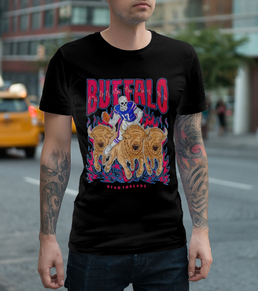 Buffalo Football Dead Threads Skeleton Quarterback Riding Buffalos T-Shirt