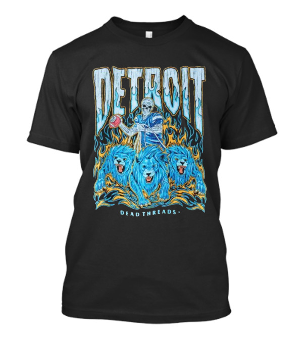 Detroit Dead Threads Football Skeleton And Blue Lions T-Shirt