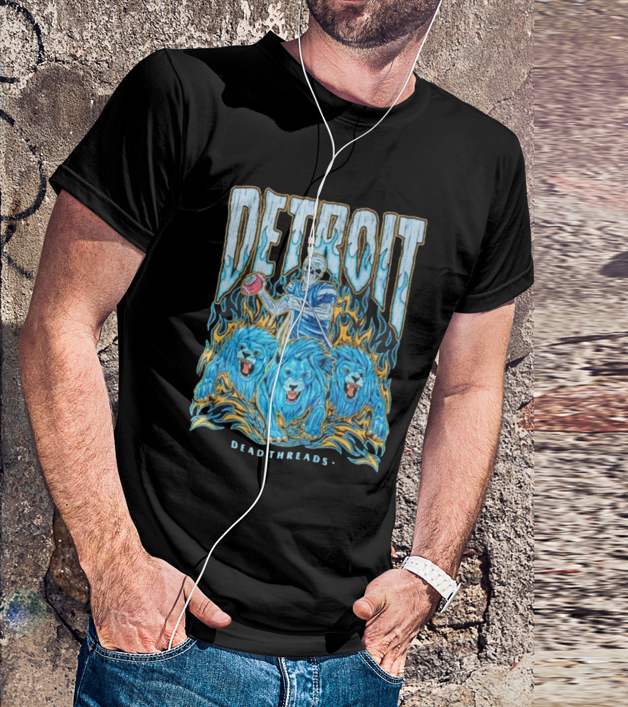 Detroit Dead Threads Football Skeleton And Blue Lions T-Shirt