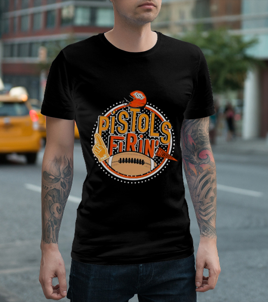 Pistols Firing OSU Cowboys Football Helmet and Foam Finger T-Shirt