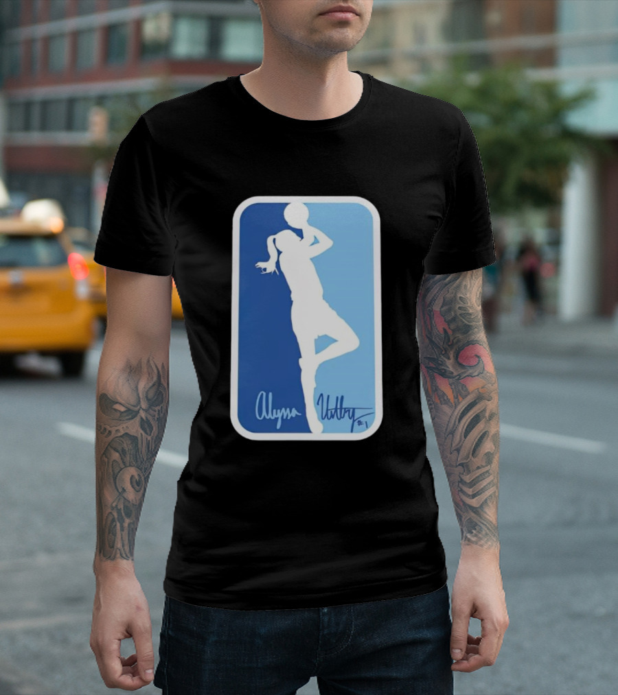 Alyssa Ustby #1 Basketball Silhouette Icon Blue Rectangle T-Shirt