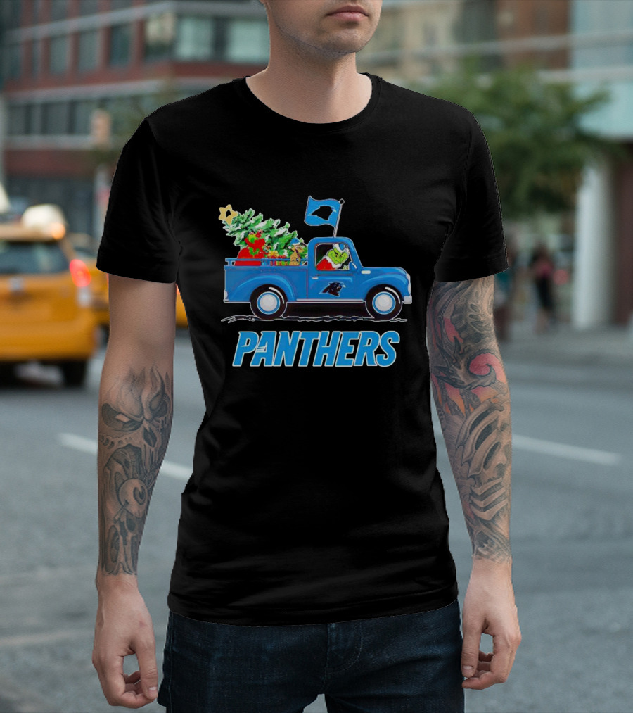 Grinch In Blue Christmas Truck With Carolina Panthers Logo And Tree T-Shirt